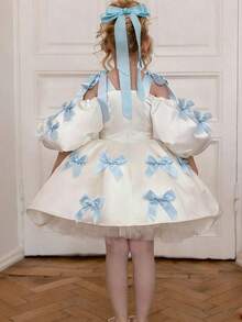 Young Girl Spaghetti Strap Bow Puff Sleeve Princess Dress, Suitable For Children's Birthday Party, Flower Girl, Wedding, Prom, Party, Holiday Celebration - White - View 9