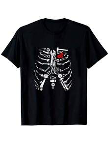 Camiseta gráfica de esqueleto mecánico y herramientas para hombres - Diseño automotriz y entusiasta con patrones de llave y dado, camiseta casual de cuello redondo y manga corta en negro con acento rojo para mecánicos, artesanos, atuendo casual - Estilo unisex de ajuste cómodo para todas las estaciones - Negro - Ver 6