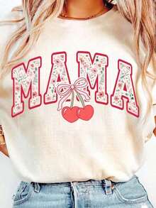 Una camiseta de manga corta para mujer con estilo retro americano, de corte holgado y con diseño estampado (los pantalones son solo para sugerencias de estilo). Esta pieza sencilla y elegante presenta un patrón de letras impresas con temática tropical, lo que la convierte en un elemento imprescindible para crear un look relajado de vacaciones, perfecto para ocasiones como el Día del Trabajo y el Día de la Independencia de México. - Negro - Ver 7