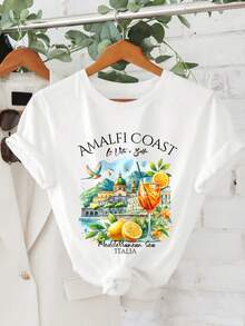 Camiseta de algodón de manga corta para mujer con diseño de la  de Amalfi, limones y bebidas, top casual de cuello redondo, ropa de primavera y verano para mujer. - Blanco - Ver 6