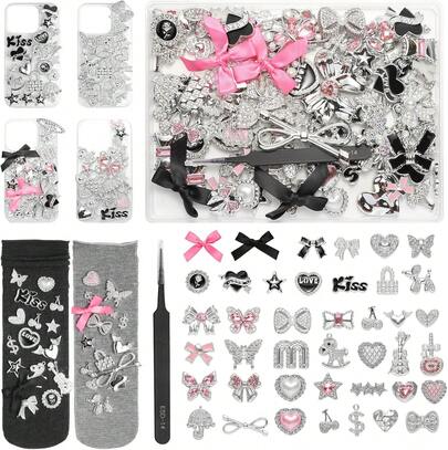 100 Pcs Bling Flat Back Junk Charm Kit For Junk Socks/Shoes/Phone Cases/Bracelets &Amp; DIY Accessories, Including Silver And Pink Bows/Hearts/Stars/Rhinestone Charms, Great Christmas Gift Idea For Girls