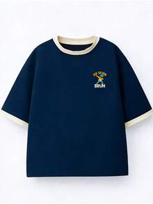 Boys Cartoon Dabbing Graphic Contrast Cuff Short Sleeve Tee - Navy Blue - View 4