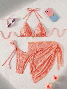 Swim Mod Conjunto de 3 piezas, traje de baño sexy para mujer con sujetador triangular halter con textura floral y decoración dorada, braguitas de bikini con lazos laterales y falda pareo.Conjunto de bikini de 3 piezas con top de encaje, pareo de encaje y cobertura de playa.Conjunto de bikini con top de cuentas, concha y cobertura para vacaciones y festivales. - Multicolor 4 - Ver 3