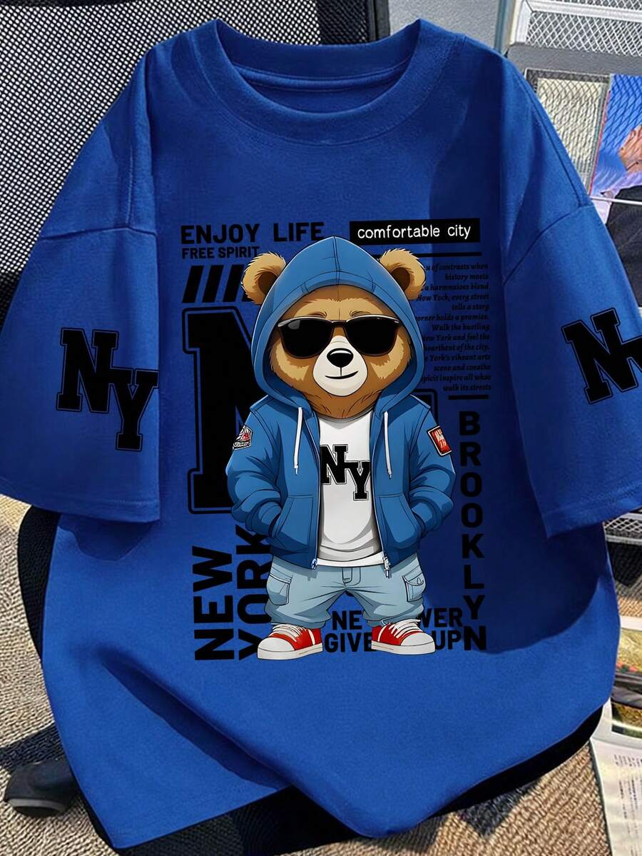 Teenage Boys' Teddy Bear & Slogan Print Crew Neck Short Sleeve T-Shirt, New Spring/Summer Boys' Graphic Tee - Blue - View 1
