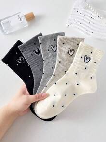 5 Pairs Women Cute Heart Polka Dot Short Socks, White & Black Casual Comfortable Mid-Calf Socks, School Style Student Socks, Random Color Gift, Suitable For Daily Wear In Spring, Summer, Autumn And Winter - Multicolor - View 5