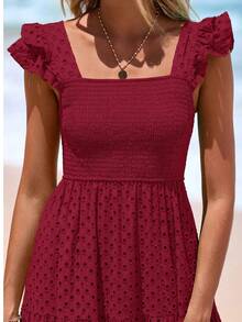 Women's Summer Square Collar Long Dress With Sleeve Cap Hole Eye Ruffles Layered A-Line Casual Vacation Long Skirt With Pockets - 酒紅色 - 查看 6