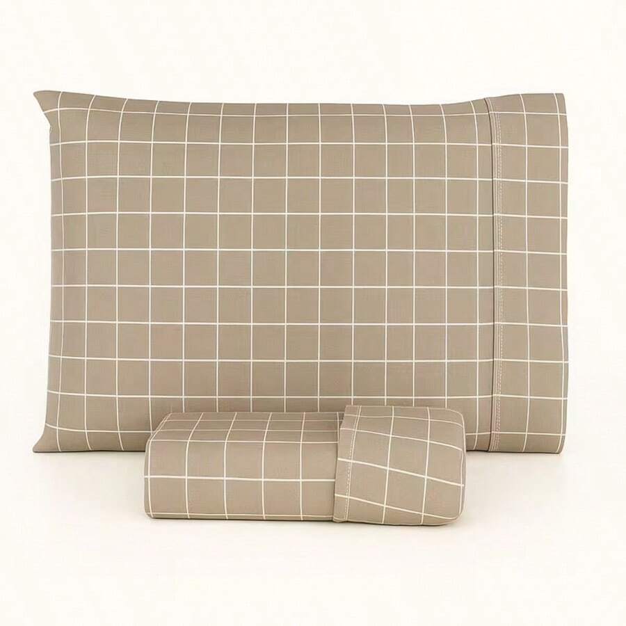 Printed Sheet Set For Single, Double, Queen, And King Sizes In 180 Thread Count Percale Cotton - 米色網格 - 查看 1