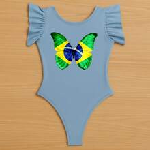 Girls' Butterfly Bodysuit, Brazil World Cup Mini Fan Outfit, Delicate Children's Clothing With Ruffled Sleeves, World Cup Blogger Look - 藍色 - 查看 1