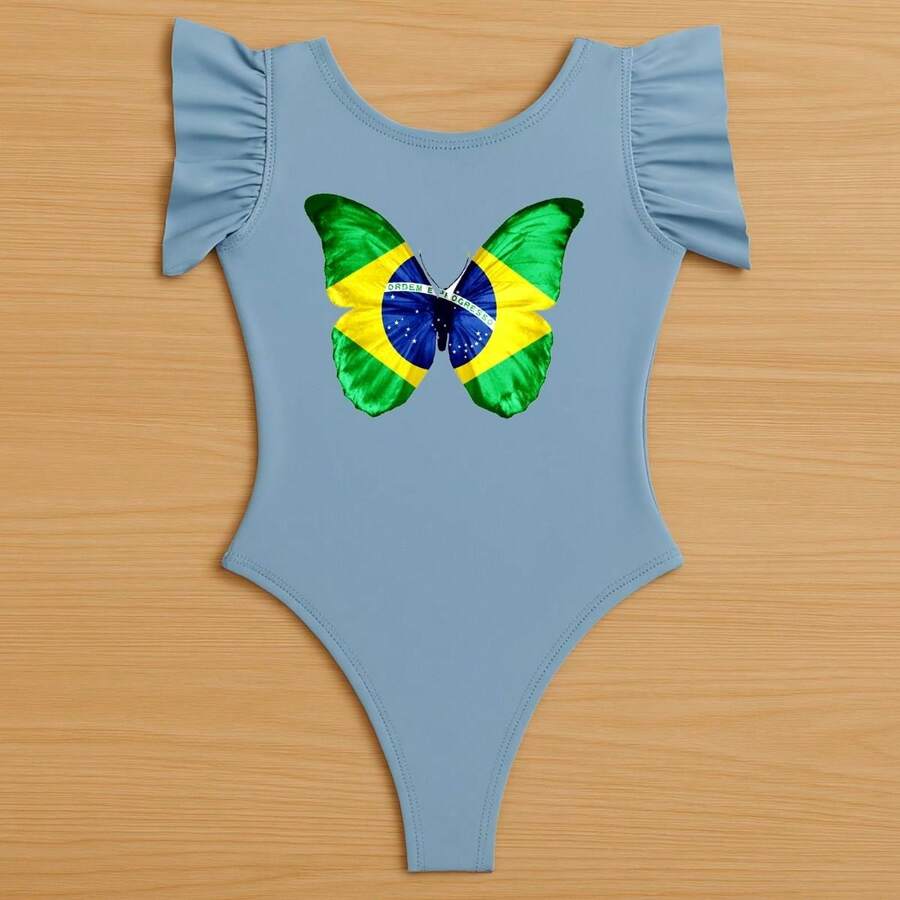 Girls' Butterfly Bodysuit, Brazil World Cup Mini Fan Outfit, Delicate Children's Clothing With Ruffled Sleeves, World Cup Blogger Look - 藍色 - 查看 1