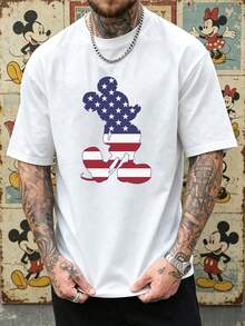 Men's Disney Mickey Mouse USA Flag Silhouette Graphic Crew Neck T-Shirt, Casual Short Sleeve Tee, Patriotic 4th Of July Print, Loose Fit Daily Wear Basic Top For Men - 白色 - 查看 1