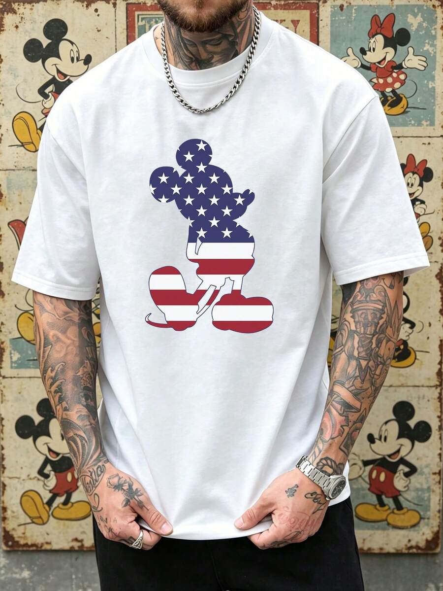 Men's Disney Mickey Mouse USA Flag Silhouette Graphic Crew Neck T-Shirt, Casual Short Sleeve Tee, Patriotic 4th Of July Print, Loose Fit Daily Wear Basic Top For Men - 白色 - 查看 1