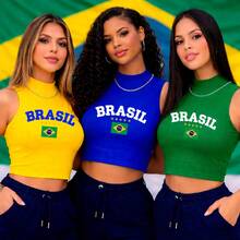 Cropped High Neck Ribbed Tank Top Sizes P To GG With "BRAZIL" Written On It Summer Fashion Women's Blouse - 黑色 - 查看 2
