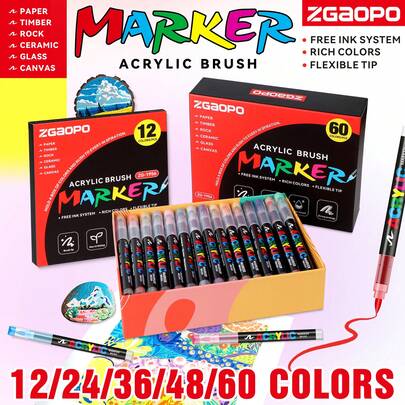Bộ bút dạ acrylic lỏng ZGaopo Direct, 12/24/36/48/60/72/120/168/240/288 màu, đầu cọ mềm cho màu sắc đậm đà, thích hợp cho đá, thủy tinh, gốm sứ, vải canvas DIY, chống thấm nước, khô nhanh, dễ điều khiển, độ che phủ cao trên giấy đen, có thể giặt sạch, công thức không mùi, lý tưởng cho học sinh, người yêu nghệ thuật, họa sĩ minh họa, người viết nhật ký Bullet Journal.