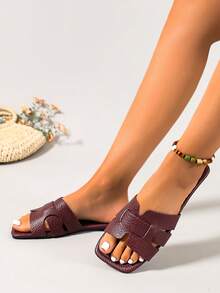 Ximi Ruo New Spring/Summer Fashion Casual Strap Slide Sandals, Comfortable Flat Heel Round Toe Beach Slippers, Versatile Slip-On Sandals For Women - Red - View 3