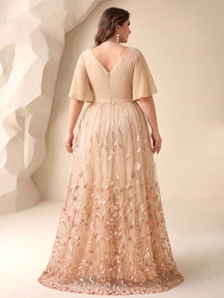 UNITHORSE [Random Cut] Plus Size V-Neck Ruffle Sleeve Chest Ruched Leaf Mesh Embroidery Sequin Dress Wedding - Champagne - View 2