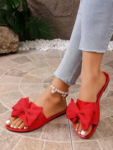 Sandalias planas para mujer, nuevos estilos de verano con decoración de lazo, diapositivas versátiles de una correa - Rojo - Ver 3