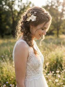 1 pieza Peineta de pelo con flor de perla y hoja hueca dorada, tocado nupcial elegante con rhinestones para boda y fiesta, viaje, cumpleaños - Multicolor - Ver 4