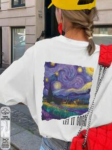 Spring/Summer Oversized Top, 100% Cotton, Women's Short-Sleeve T-Shirt, Dreamy Starry Sky Art Pattern, Custom Made, Round Neck, Soft And Comfortable, Casual, Streetwear, Y2K, Beach, Graduation, Vacation Top, White Top - White - View 1
