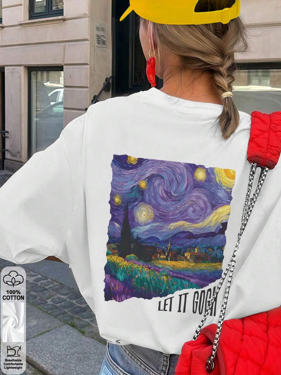 Spring/Summer Oversized Top, 100% Cotton, Women's Short-Sleeve T-Shirt, Dreamy Starry Sky Art Pattern, Custom Made, Round Neck, Soft And Comfortable, Casual, Streetwear, Y2K, Beach, Graduation, Vacation Top, White Top - White - View 1