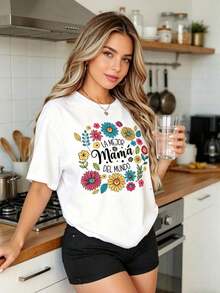 Camiseta con Diseño Floral para Mujer, la Mejor Mamá del Mundo, Regalo para el Día de la Madre, Transpirable y Cómoda - Blanco - Ver 3