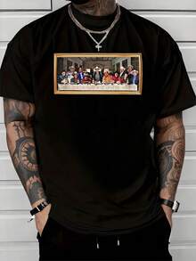 Scene Depicting A Gathering Of Men In Modern Attire Around A Long Table, Symbolizing Unity, Brotherhood, And Shared Moments. Men's Casual, Modern, Comfortable T-Shirt Suitable For Everyday Wear And Urban Outings. - 黑色 - 查看 1