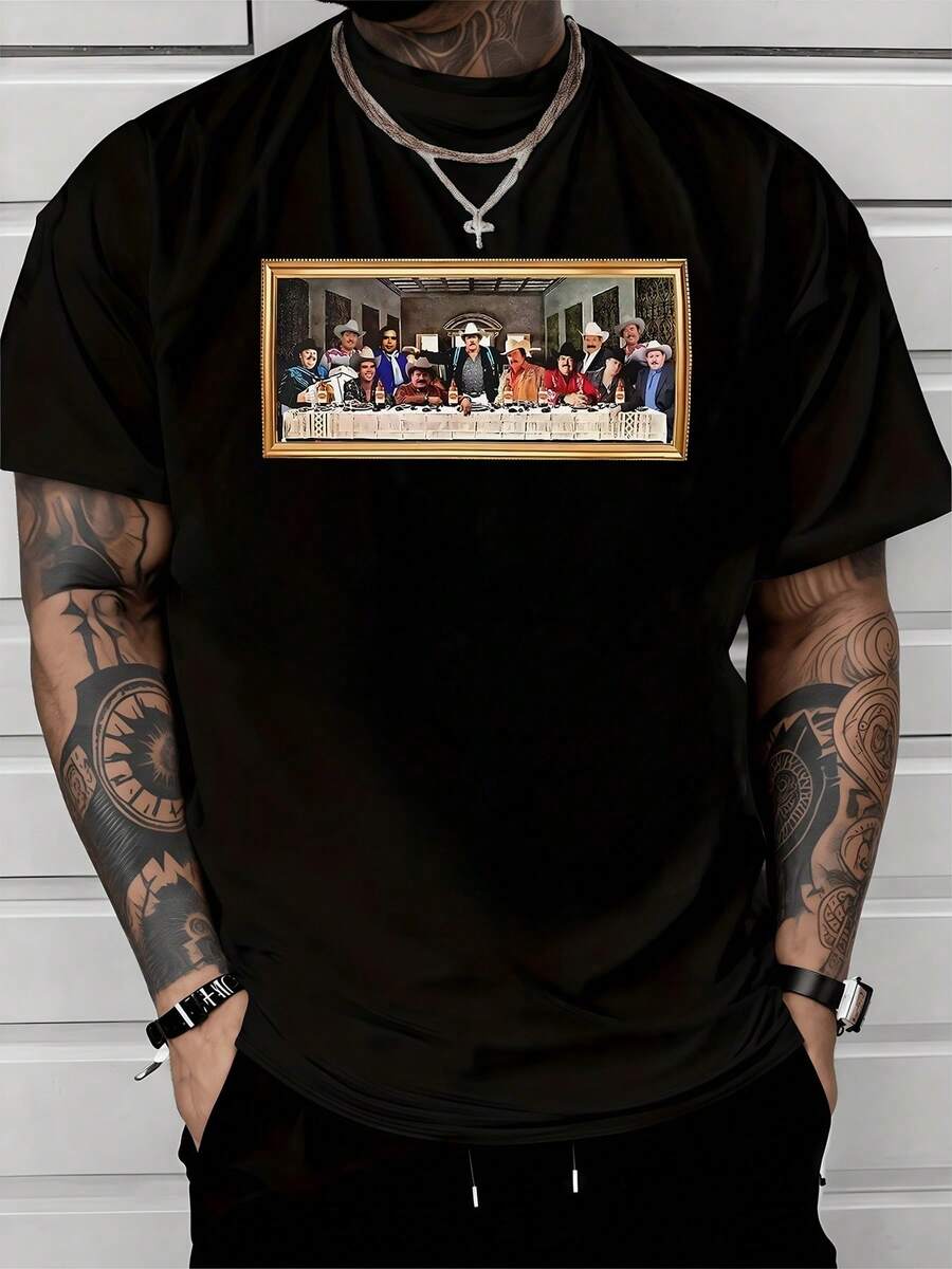 Scene Depicting A Gathering Of Men In Modern Attire Around A Long Table, Symbolizing Unity, Brotherhood, And Shared Moments. Men's Casual, Modern, Comfortable T-Shirt Suitable For Everyday Wear And Urban Outings. - 黑色 - 查看 1
