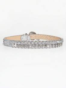 1 pieza Cinturón de jeans estilo punk rock plateado para hombres, hebilla de metal con calavera decorada con láser de strass, accesorio versátil para uso diario - Plateado - Ver 6