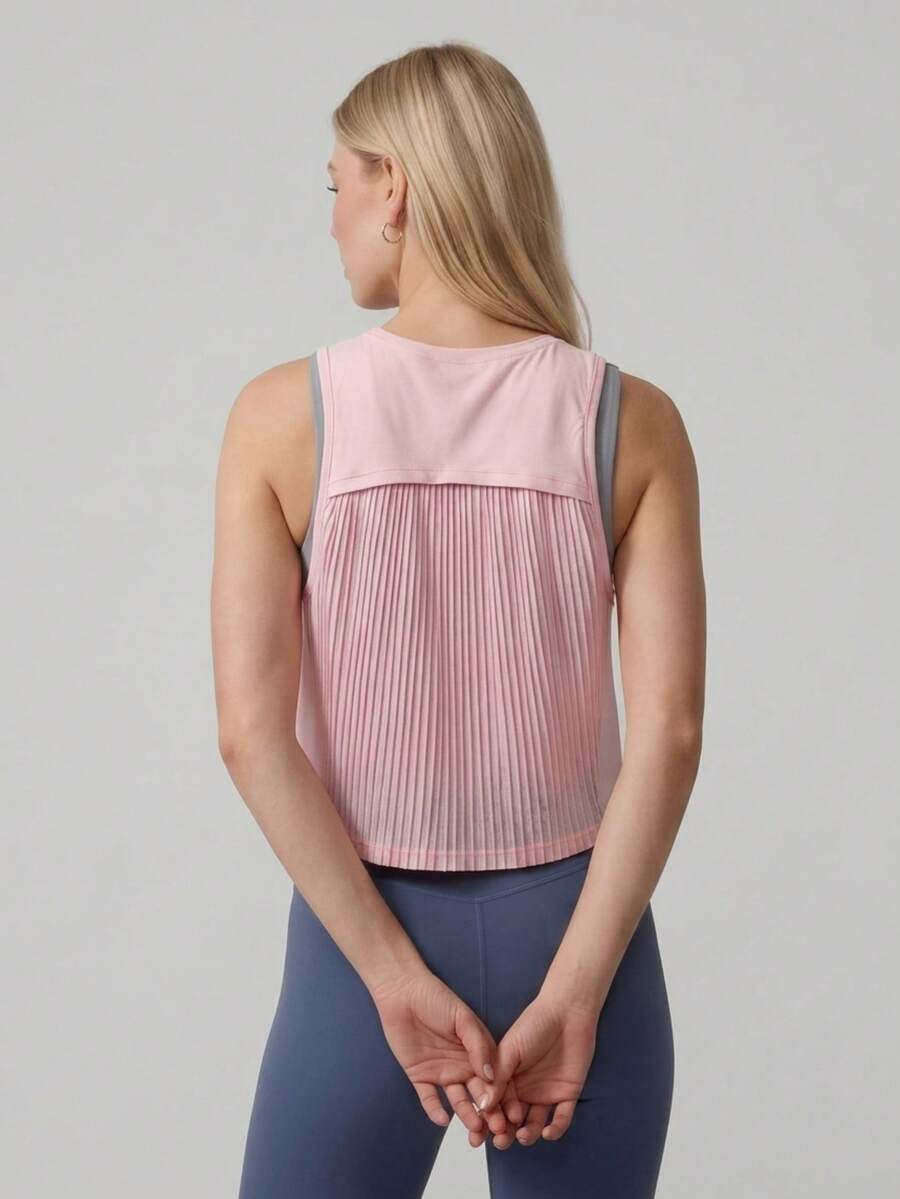 Never me Women's Sleeveless Tank Top With Pleated Back Patchwork Design, Solid Color, For Daily Workout, Yoga, Fitness And Sports - Pink - View 1