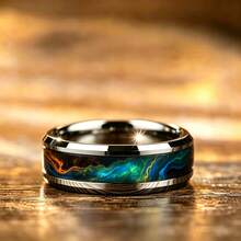 1pc Men's Fashion Stainless Steel Ring Inlaid With Streamer Texture Stone Pattern Design Is Unique And Polished With A Strong Glossy Texture, Suitable For Daily Wear Or Gift-Giving - Silver - View 5