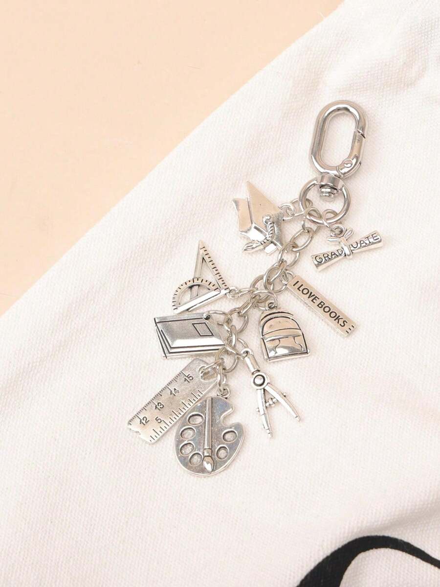 1件装男女通用毕业季复古文具组合吊坠,纪念礼物,包包/钥匙链配饰 - 銀色 - 查看 1