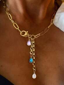 1 Stück Halskette mit goldenem Herzanhänger, grünem Diamantanhänger und Edelstahlkette, geeignet für Arbeit, Alltag, Party, Bankett und Ball, einzigartiger und luxuriöser Damenschmuck - Goldgelb - Übersicht 6