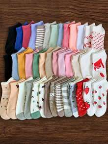 DAZY 20 Pairs Women Random Color Candy Colored Ankle Socks With Cute Bear, Heart, Fruit, Strawberry Patterns, Breathable Anti-Slip Soft Comfortable For Daily, Home, Outdoor & Sports Wear In Summer - Multicolor - View 3