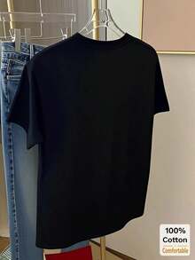 Camiseta de manga corta con estampado de dibujos animados, de longitud media, top casual de moda para mujer, estilo veraniego negro, 100% algodón. - Negro - Ver 5