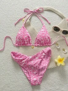 Swim Mod Women's Sweet Pink Floral Patterned Reversible Bikini Set - 多色 2 - 查看 5
