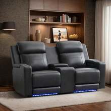 Sofá reclinable eléctrico con reposacabezas ajustable/luz LED, asientos de cine en casa con almacenamiento en el reposabrazos/toma de corriente/cuero transpirable, sofá reclinable eléctrico para sala de estar (gris, sofá de dos plazas + sofá) - Gris y negro - Ver 2