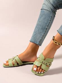 Ximi Ruo New Spring/Summer Fashion Casual Strap Slide Sandals, Comfortable Flat Heel Round Toe Beach Slippers, Versatile Slip-On Sandals For Women - Lime Green - View 4
