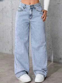 Women's Stretch Waist Wide-Leg Jeans, High-Waisted Tummy-Revealing Straight-Leg Jeans, And Acid-Washed Jeans With Pockets - These Elegant Women's Outfits Are Not Only Comfortable To Wear, But Also Have A Loose Style, Making Them Perfect For Travel, Work Or Daily Office Occasions. - 淺藍色 01 - 查看 12