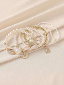 7pcs/Set Seashell, Faux Pearl And Starfish Layered Bracelets, Bohemian Style Stackable Design, Suitable For Girls, Beach Holiday Casual, Casual Shell Pattern, Great Gift - White - View 3