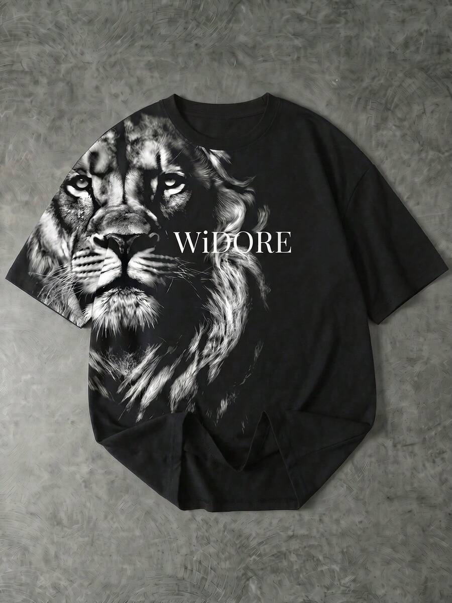Camiseta de estilo callejero para hombre Fractyr, estampado de cabeza de león sobre fondo negro, corte holgado de manga corta - Negro - Ver 1