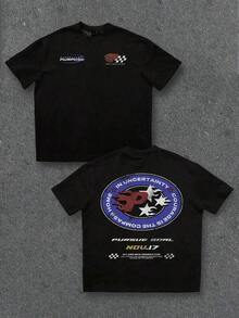 Manfinity  Camiseta de manga corta con hombros caídos, estampado gráfico de carreras desgastado y sobredimensionado en color negro - Negro - Ver 5
