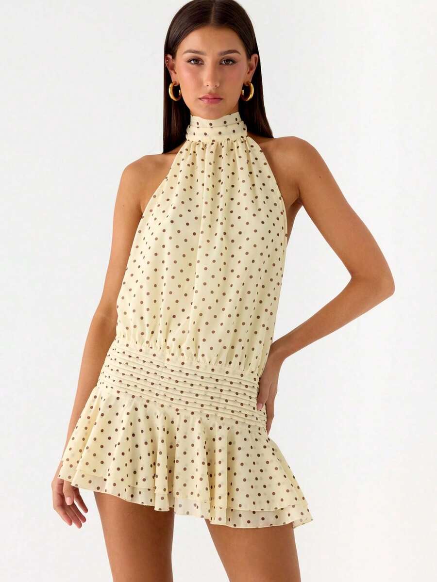 Women's Pleated Waist Sheer Mesh Ruffle Mini Dress Summer Casual Halter Neck High Neck Bodycon Short Dress Self-Tie Backless Sundress Party Clubwear - F9897-Yellow Dots - 查看 1