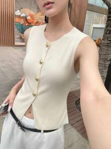 2026夏季新款杏色纹理无袖圆领针织吊带背心，休闲甜美收腰金属纽扣开衫，优雅温柔少女风，百搭上学、派对、街头风，Y2K时尚小码女式上衣 - 杏色 - 查看 4