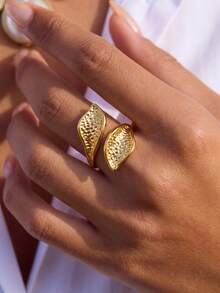 1pc Women's Leaf Textured Adjustable Stainless Steel Ring, Gold Color, Nature-Inspired Jewelry Design, Fashionable Accessory Suitable For Parties And Music Festivals - Multicolor - View 3