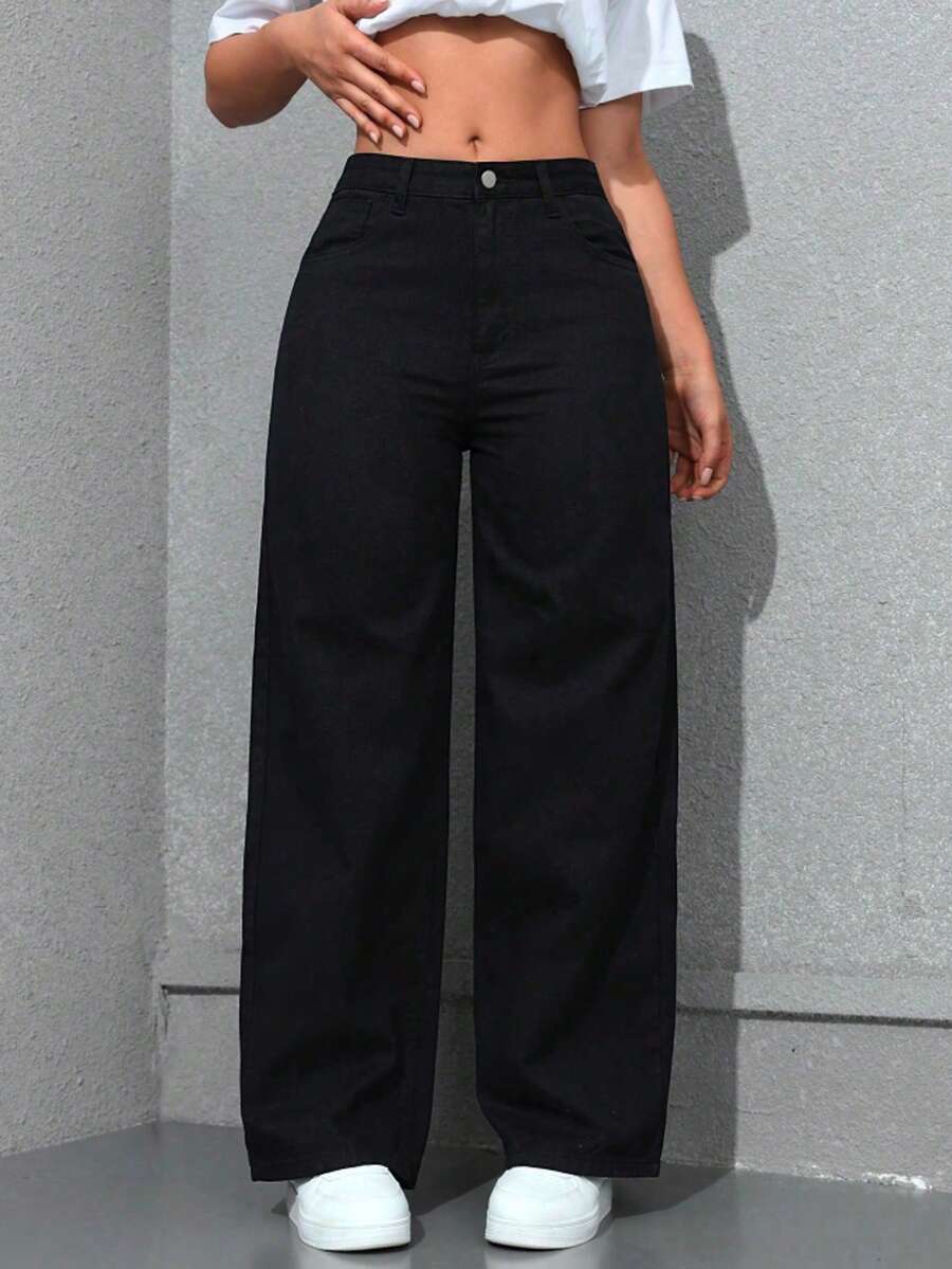 大码女式黑色无弹修身直筒休闲牛仔裤，春夏款