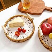 1 pieza Bandeja tejida de ratán con asa de madera, cesta de servicio para decoración de mesa de café, estilo granja cesta de almacenamiento de pan (se envían al azar 2 estilos) - Marrón moca-con asa - Ver 6