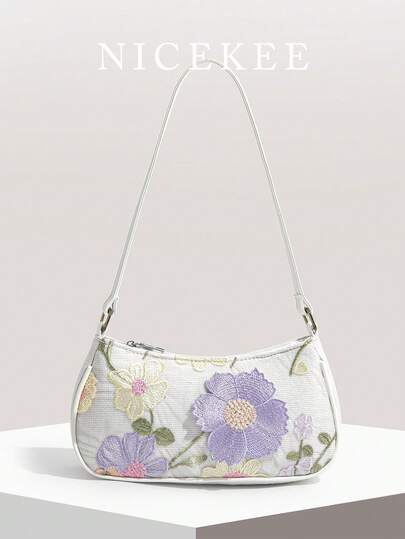 Zachte, elegante, minimalistische en chique schoudertas met bloemenborduurwerk, unieke kleine handtas, geschikt voor dagelijks woon-werkverkeer, winkelen en een date.