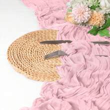 1pc Pink Cheesecloth Tablecloth, 35 X 120 Inches / 90 X 300 Cm, 35 X 70 Inches / 90 X 180 Cm, 35 X 157 Inches / 90 X 400 Cm Bohemian Ruched Sheer Romantic Fabric Decor, Tablecloth Suitable For Weddings, Bridal Showers, Birthday Parties - Pink - View 3