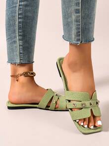 Ximi Ruo New Spring/Summer Fashion Casual Strap Slide Sandals, Comfortable Flat Heel Round Toe Beach Slippers, Versatile Slip-On Sandals For Women - Lime Green - View 6