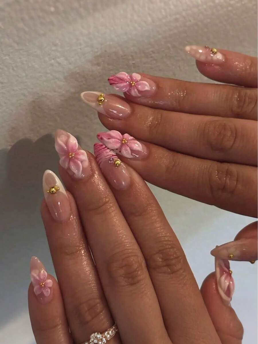 24片装短款杏仁形3D立体花朵假指甲,适合女性日常佩戴、约会、派对及其他场合。 - 粉色 - 查看 1