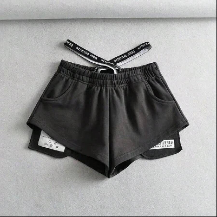 Pantalones Cortos Deportivos Negros de Cintura Alta para Mujer, Estilo Casual de Verano, Corte Holgado, Pierna Ancha, Cintura... - Gris Oscuro - Ver 1